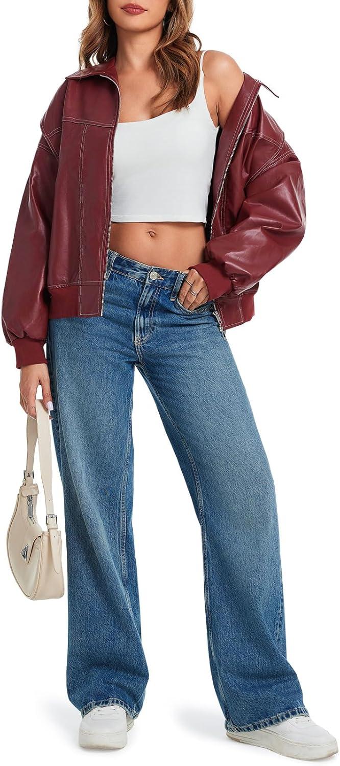 imageTankaneo Womens Oversized Leather Bomber Jackets Cap Sleeve Zip Up Motorcycle Coats with PocketsWine Red
