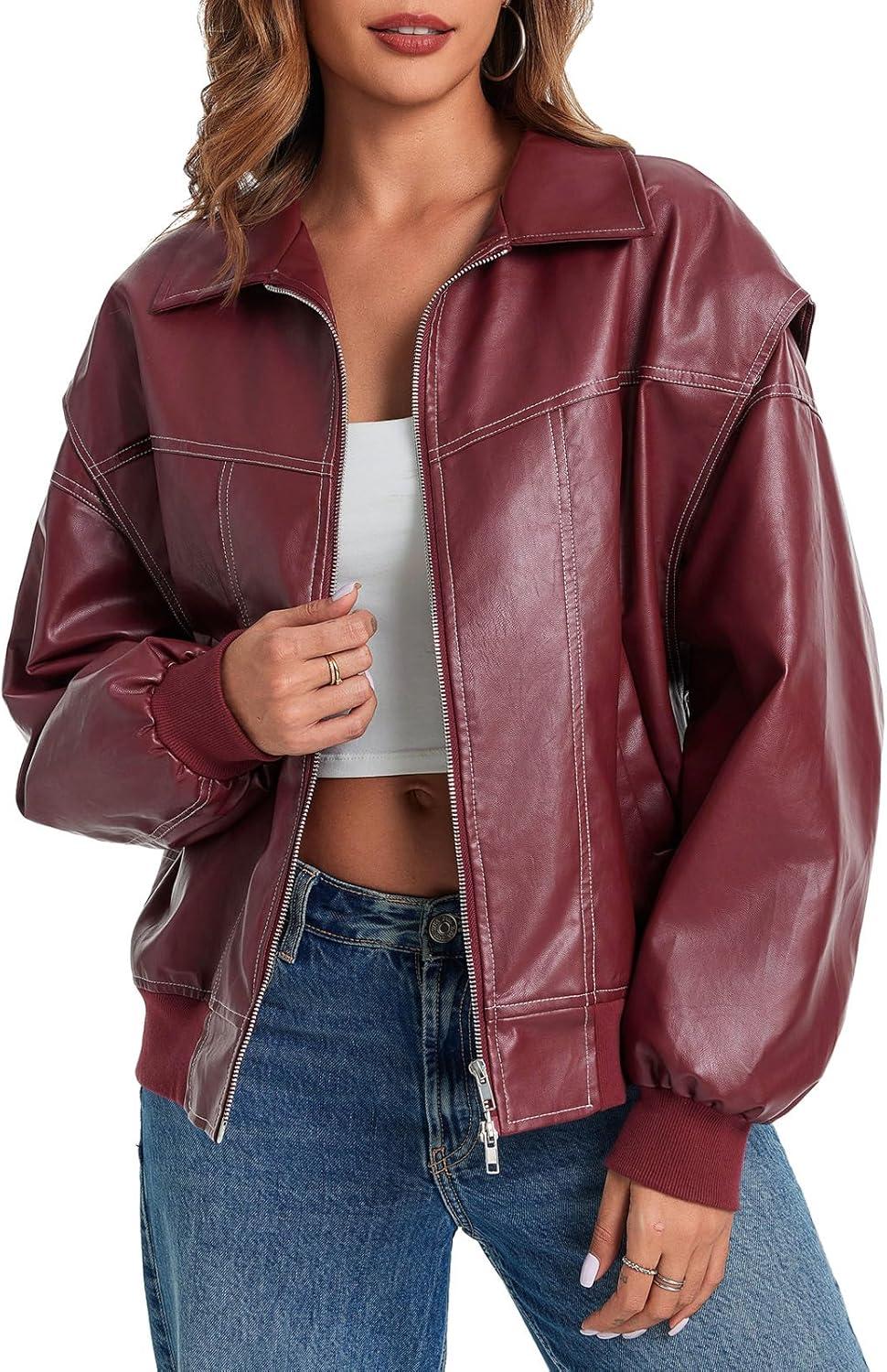 imageTankaneo Womens Oversized Leather Bomber Jackets Cap Sleeve Zip Up Motorcycle Coats with PocketsWine Red