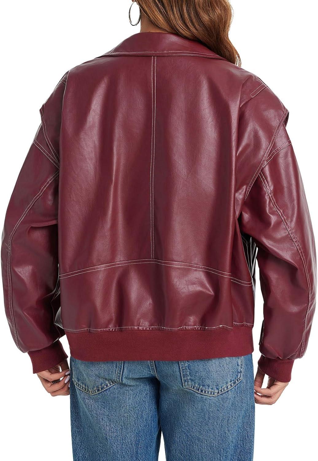 imageTankaneo Womens Oversized Leather Bomber Jackets Cap Sleeve Zip Up Motorcycle Coats with PocketsWine Red