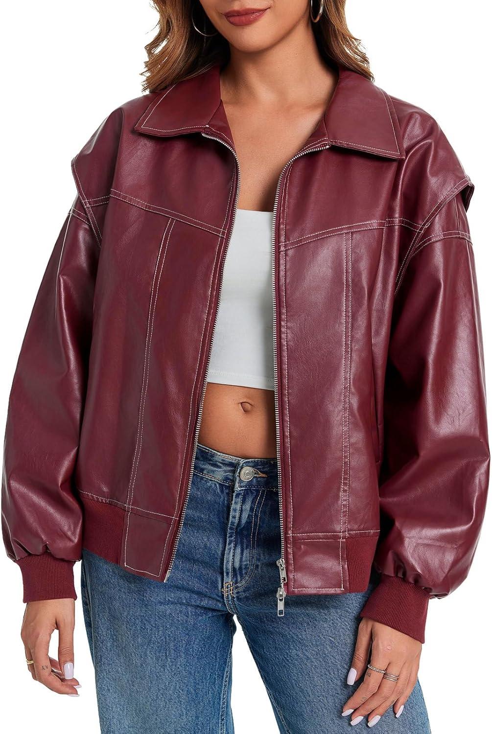 imageTankaneo Womens Oversized Leather Bomber Jackets Cap Sleeve Zip Up Motorcycle Coats with PocketsWine Red