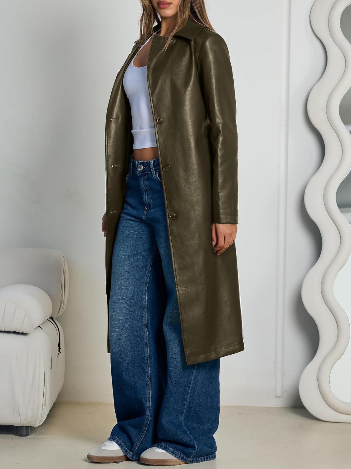 imageTrendy Queen Womens Long Lapel Faux Leather Jackets Trench Dress Coat Blazer Three Breasted Open Front Peacoat with BeltArmy Green