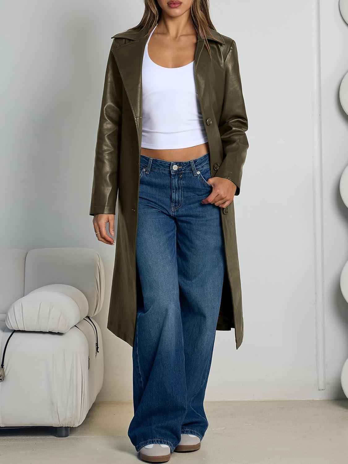 imageTrendy Queen Womens Long Lapel Faux Leather Jackets Trench Dress Coat Blazer Three Breasted Open Front Peacoat with BeltArmy Green