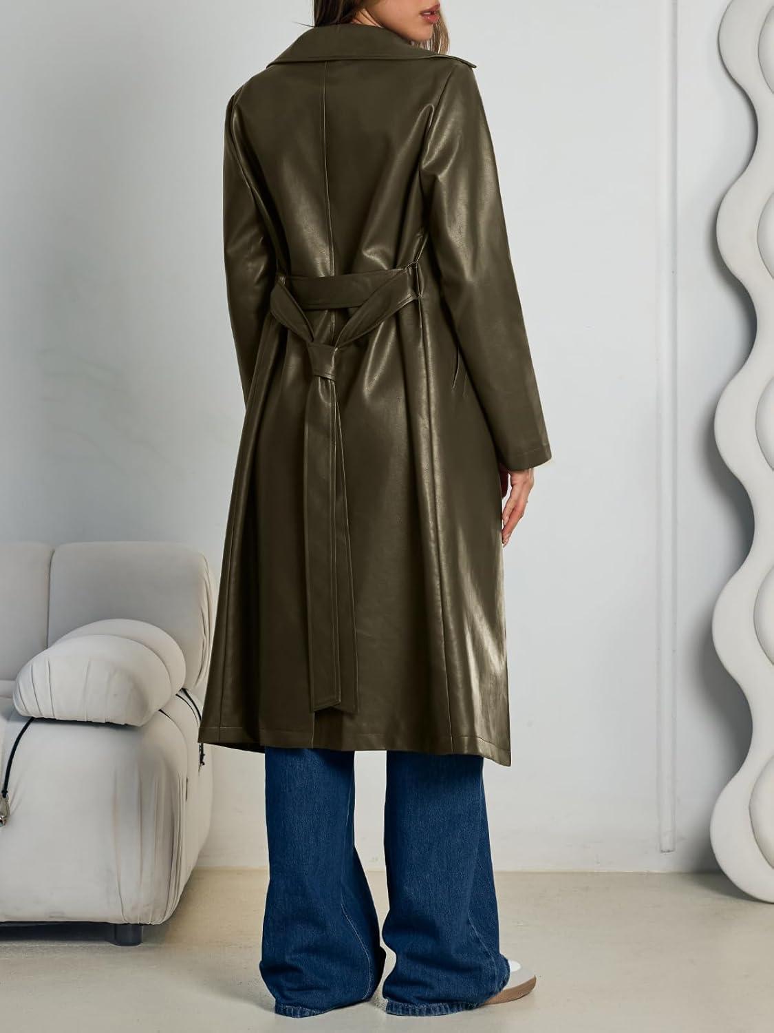 imageTrendy Queen Womens Long Lapel Faux Leather Jackets Trench Dress Coat Blazer Three Breasted Open Front Peacoat with BeltArmy Green