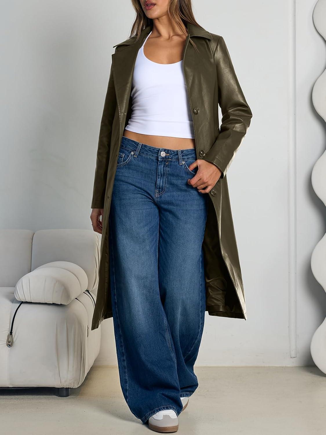 imageTrendy Queen Womens Long Lapel Faux Leather Jackets Trench Dress Coat Blazer Three Breasted Open Front Peacoat with BeltArmy Green