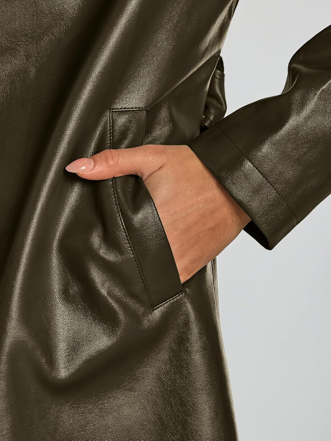 imageTrendy Queen Womens Long Lapel Faux Leather Jackets Trench Dress Coat Blazer Three Breasted Open Front Peacoat with BeltArmy Green