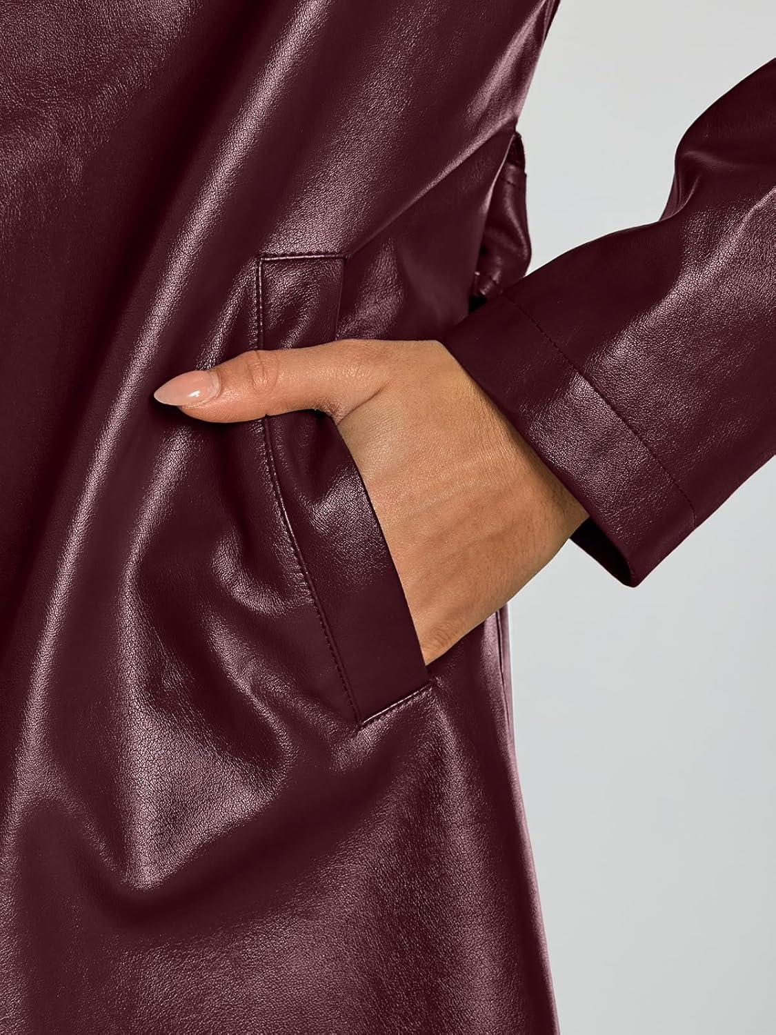 imageTrendy Queen Womens Long Lapel Faux Leather Jackets Trench Dress Coat Blazer Three Breasted Open Front Peacoat with BeltWine