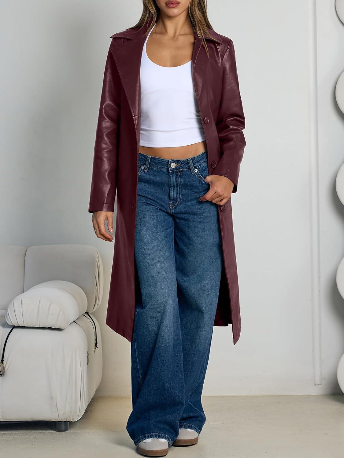 imageTrendy Queen Womens Long Lapel Faux Leather Jackets Trench Dress Coat Blazer Three Breasted Open Front Peacoat with BeltWine