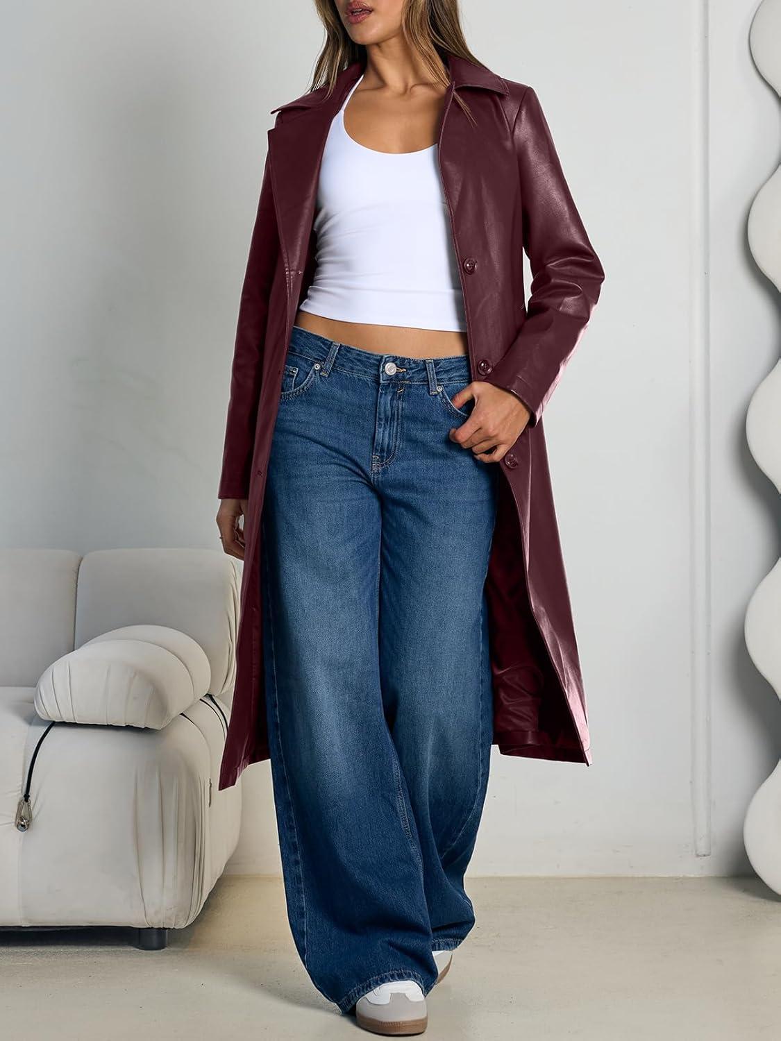 imageTrendy Queen Womens Long Lapel Faux Leather Jackets Trench Dress Coat Blazer Three Breasted Open Front Peacoat with BeltWine