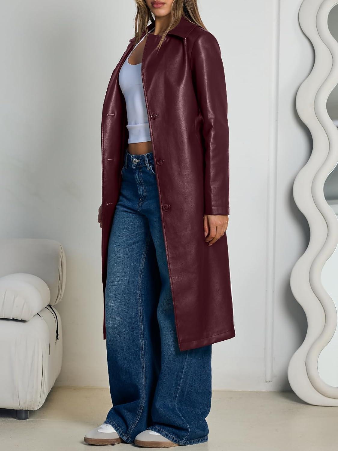 imageTrendy Queen Womens Long Lapel Faux Leather Jackets Trench Dress Coat Blazer Three Breasted Open Front Peacoat with BeltWine