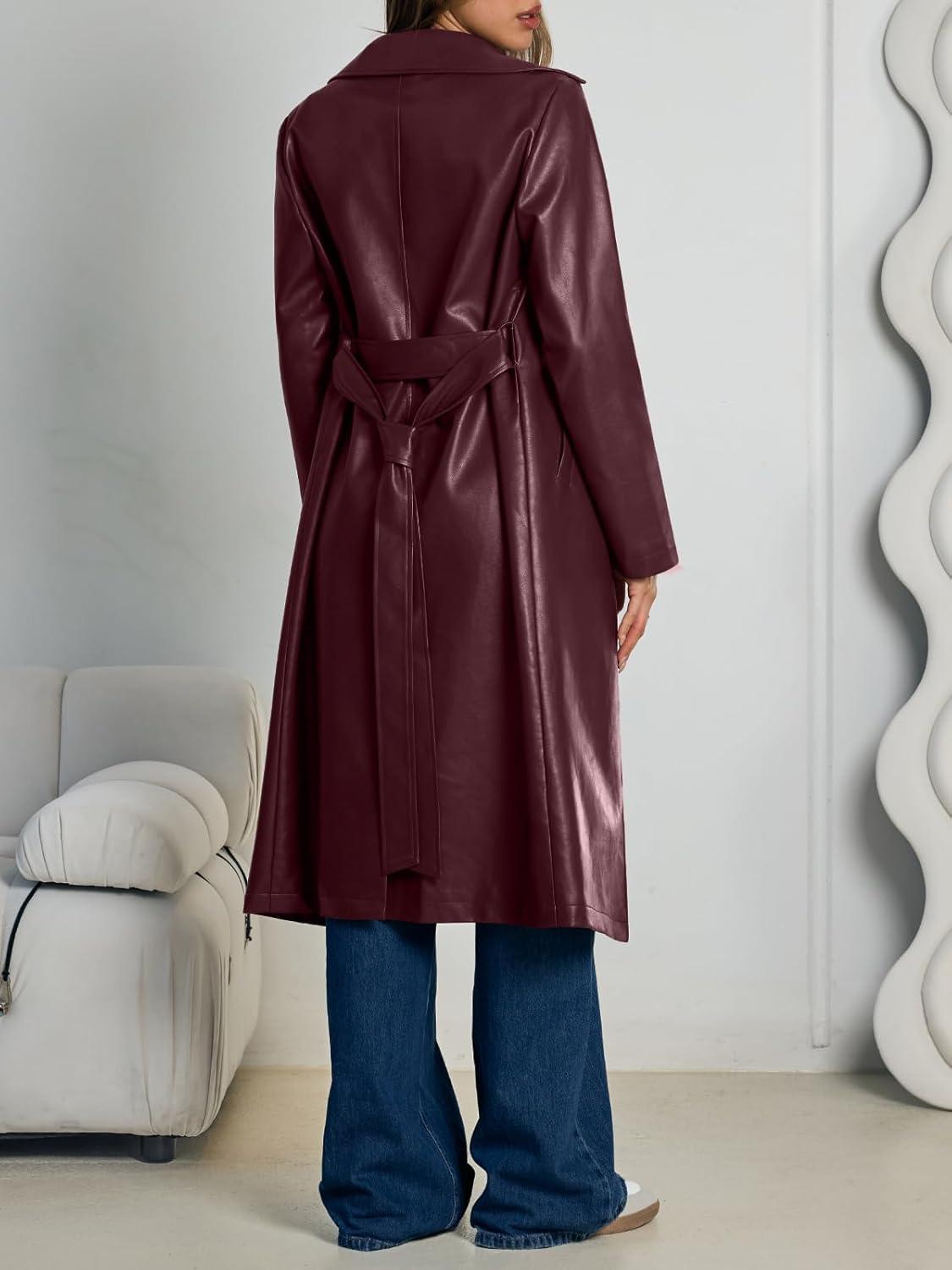 imageTrendy Queen Womens Long Lapel Faux Leather Jackets Trench Dress Coat Blazer Three Breasted Open Front Peacoat with BeltWine