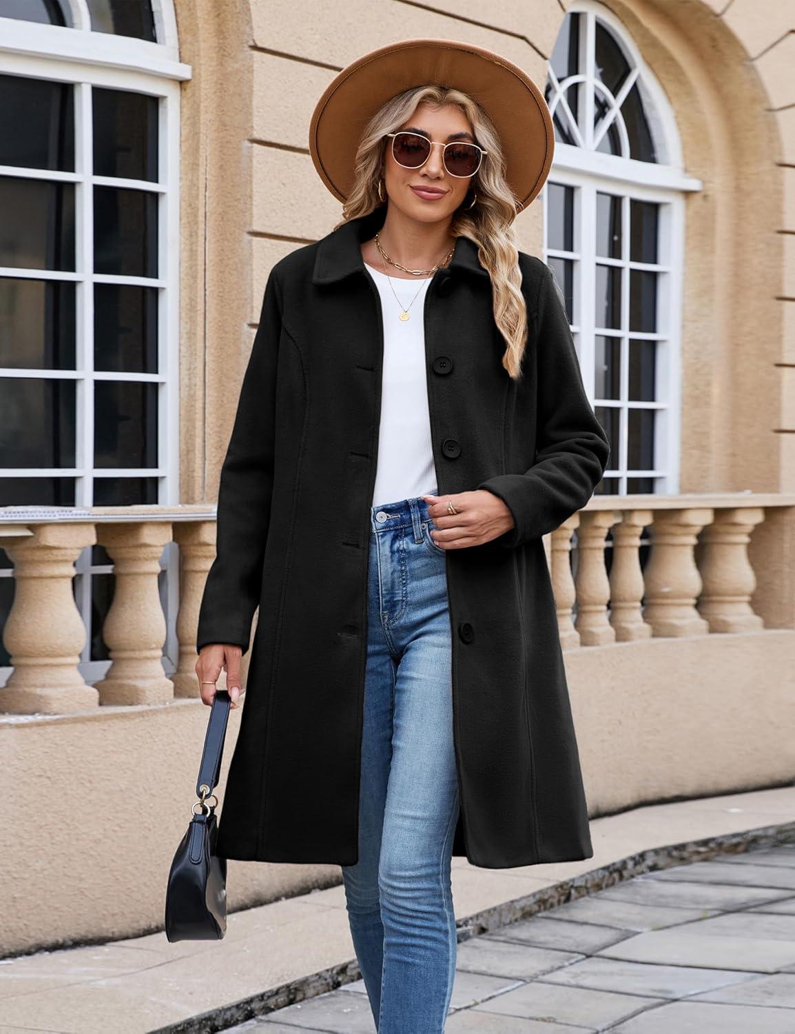 imageUANEO Womens Peacoat Faux Wool Blend Single Breasted Long Trench Coat Dress Overcoat Winter with PocketsBlack