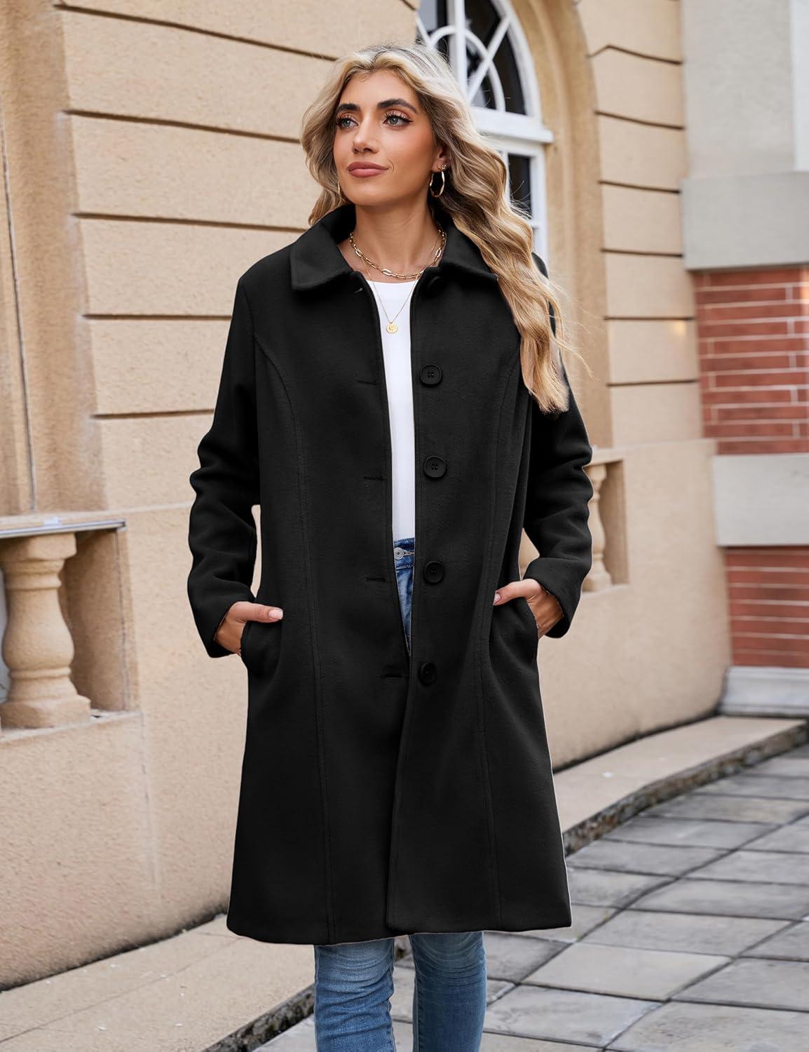 imageUANEO Womens Peacoat Faux Wool Blend Single Breasted Long Trench Coat Dress Overcoat Winter with PocketsBlack