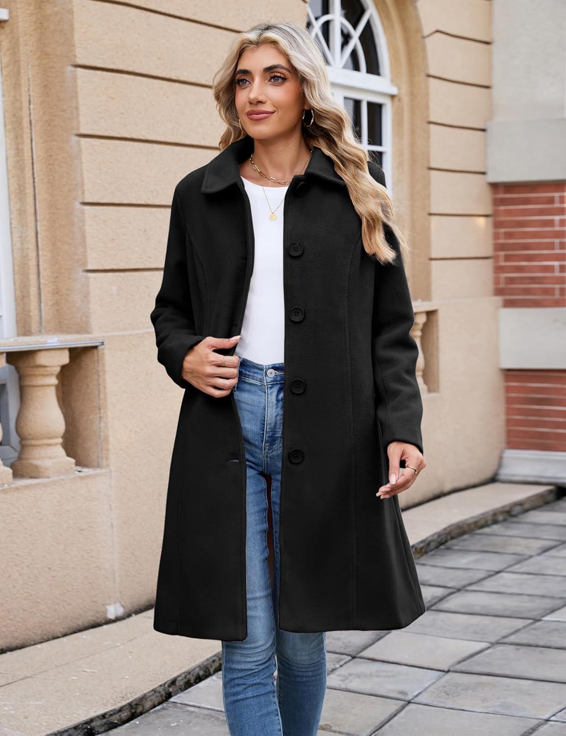 imageUANEO Womens Peacoat Faux Wool Blend Single Breasted Long Trench Coat Dress Overcoat Winter with PocketsBlack