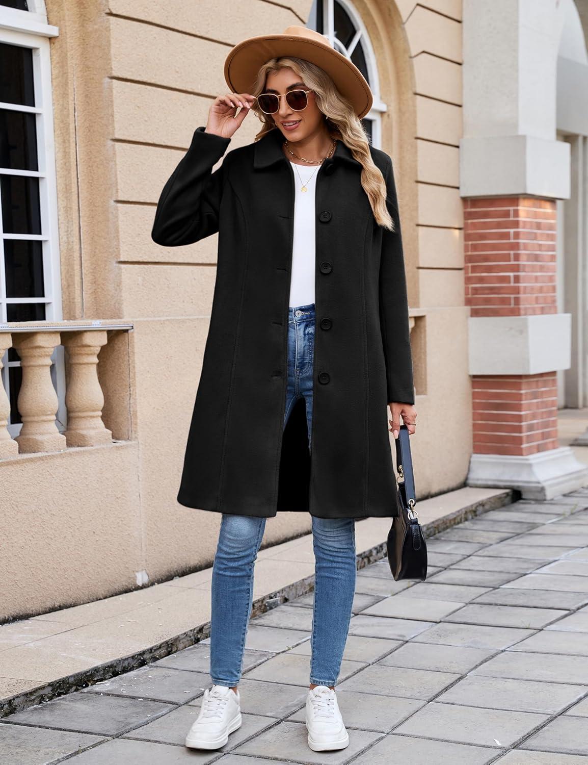 imageUANEO Womens Peacoat Faux Wool Blend Single Breasted Long Trench Coat Dress Overcoat Winter with PocketsBlack