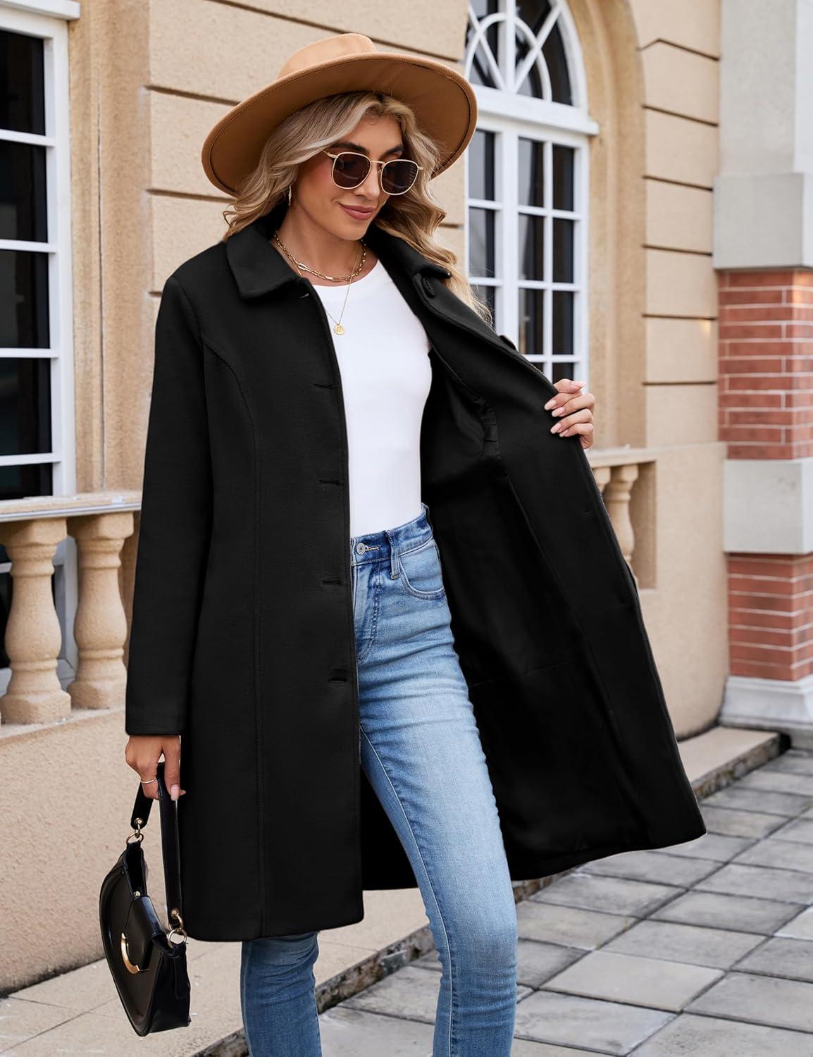 imageUANEO Womens Peacoat Faux Wool Blend Single Breasted Long Trench Coat Dress Overcoat Winter with PocketsBlack
