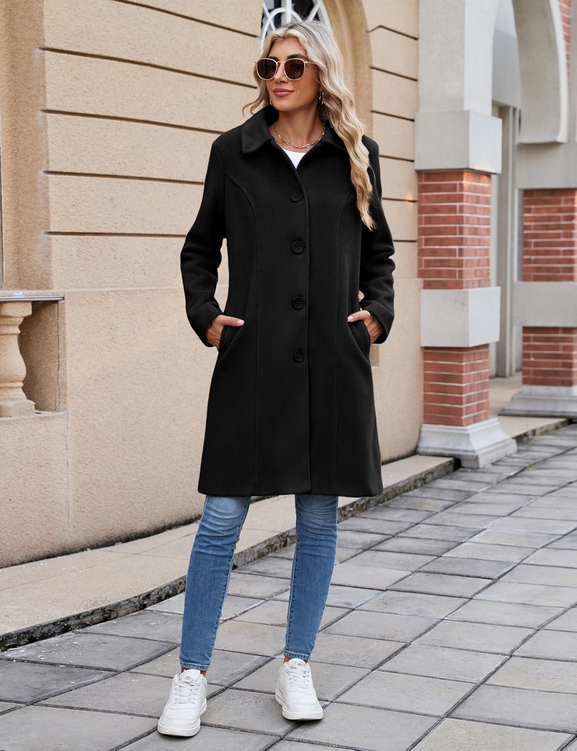 imageUANEO Womens Peacoat Faux Wool Blend Single Breasted Long Trench Coat Dress Overcoat Winter with PocketsBlack