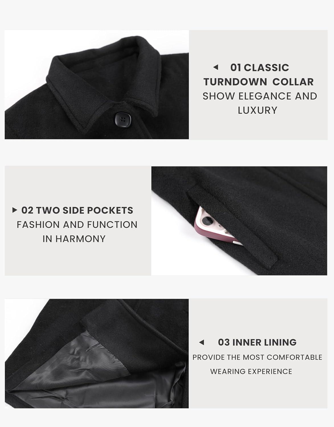 imageUANEO Womens Peacoat Faux Wool Blend Single Breasted Long Trench Coat Dress Overcoat Winter with PocketsBlack