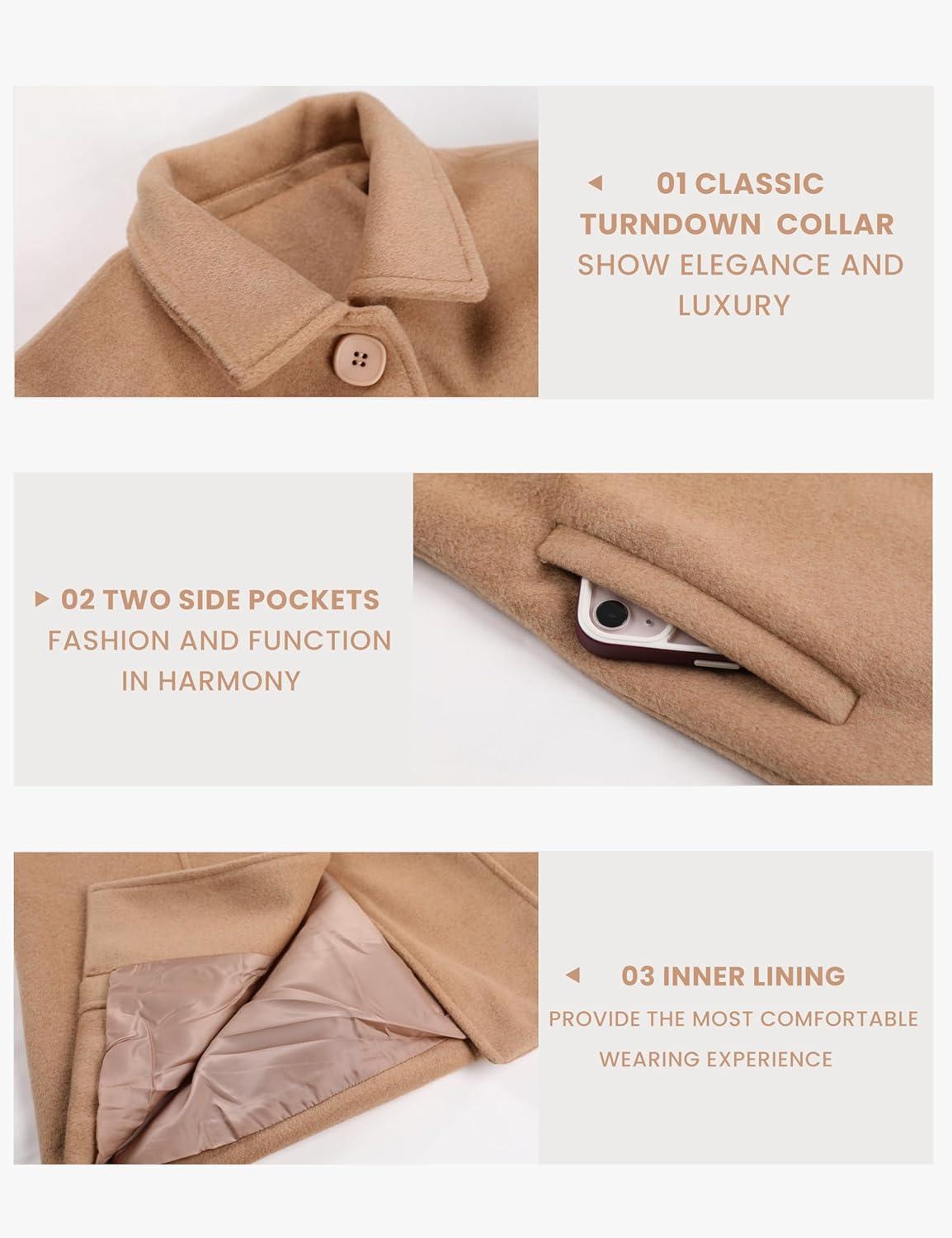 imageUANEO Womens Peacoat Faux Wool Blend Single Breasted Long Trench Coat Dress Overcoat Winter with PocketsCamel