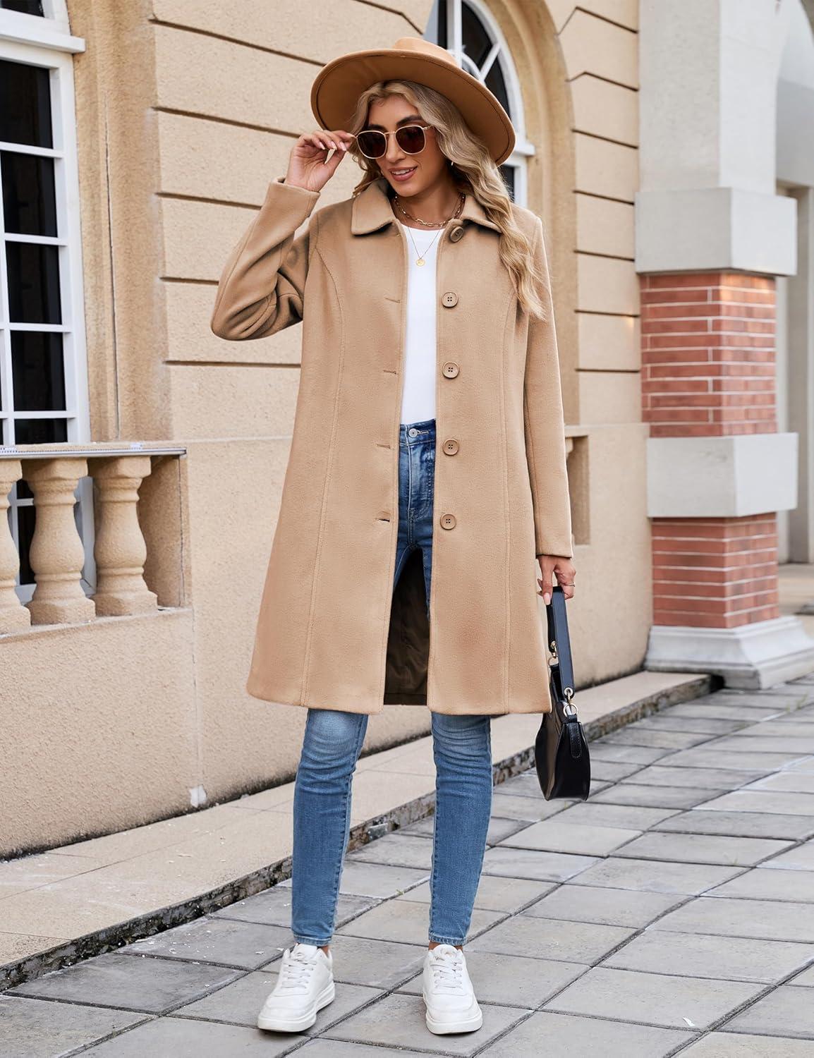 imageUANEO Womens Peacoat Faux Wool Blend Single Breasted Long Trench Coat Dress Overcoat Winter with PocketsCamel