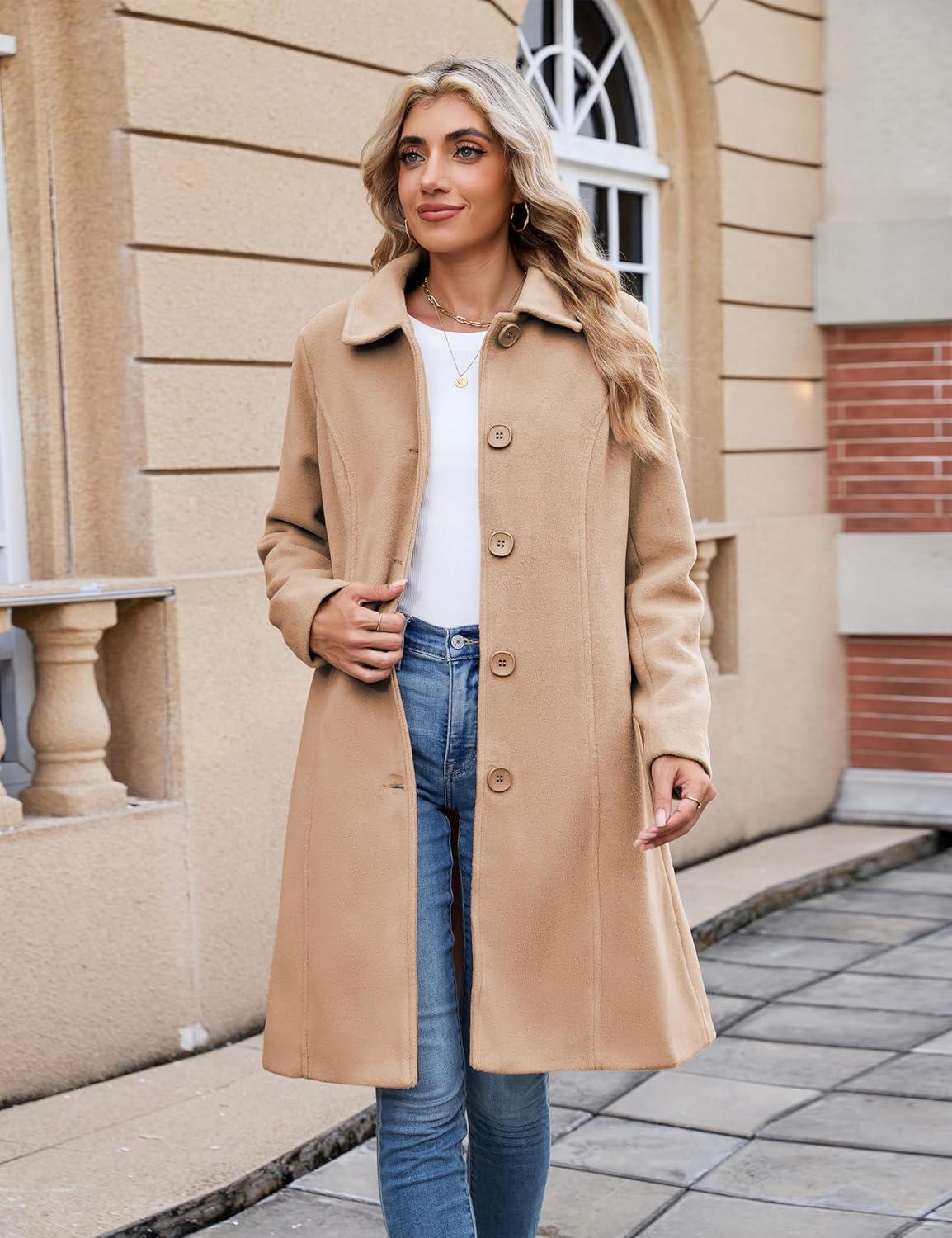 imageUANEO Womens Peacoat Faux Wool Blend Single Breasted Long Trench Coat Dress Overcoat Winter with PocketsCamel