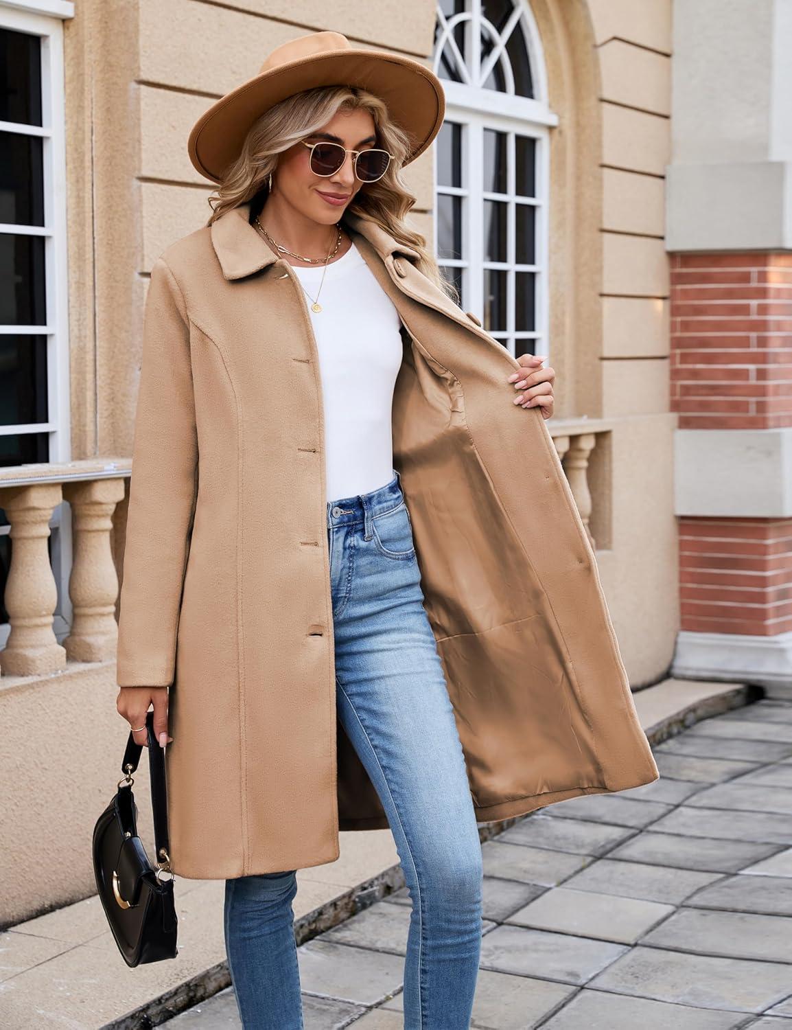 imageUANEO Womens Peacoat Faux Wool Blend Single Breasted Long Trench Coat Dress Overcoat Winter with PocketsCamel
