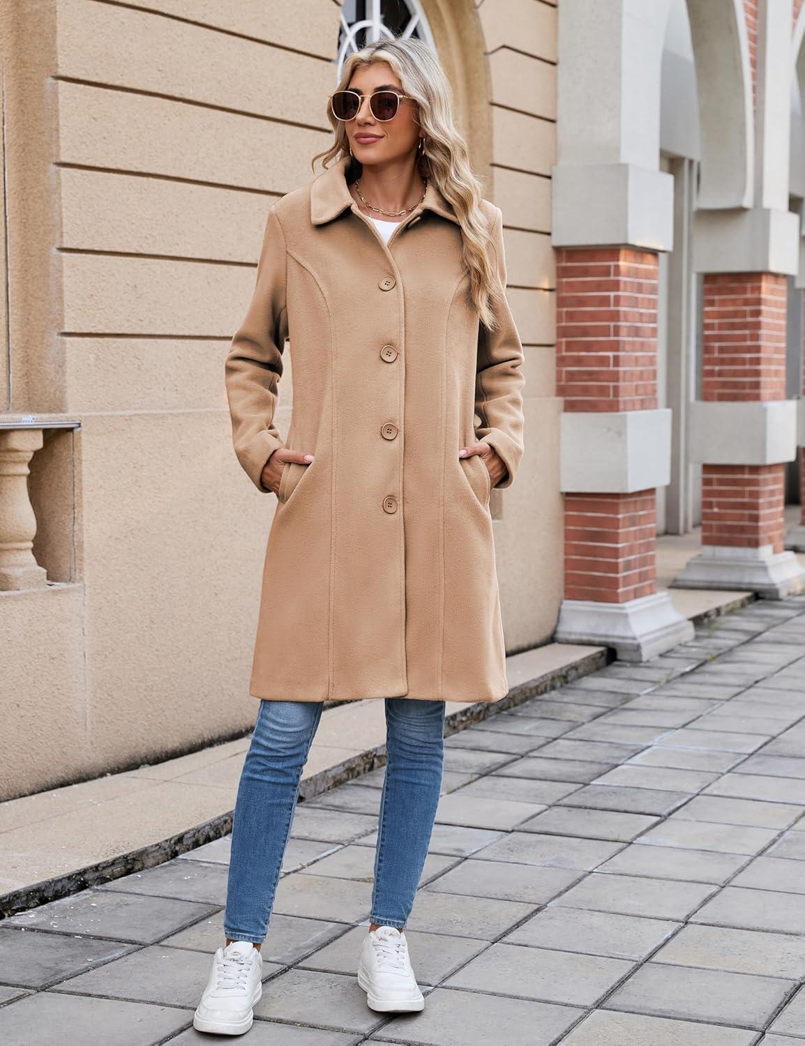 imageUANEO Womens Peacoat Faux Wool Blend Single Breasted Long Trench Coat Dress Overcoat Winter with PocketsCamel