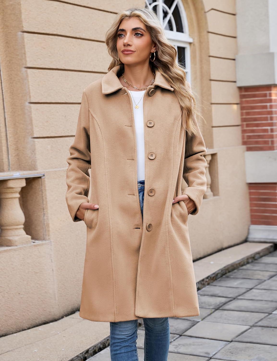 imageUANEO Womens Peacoat Faux Wool Blend Single Breasted Long Trench Coat Dress Overcoat Winter with PocketsCamel