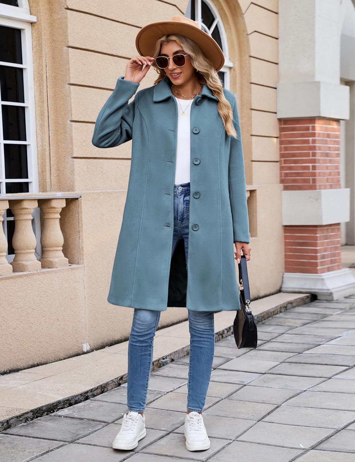 imageUANEO Womens Peacoat Faux Wool Blend Single Breasted Long Trench Coat Dress Overcoat Winter with PocketsDusty Blue