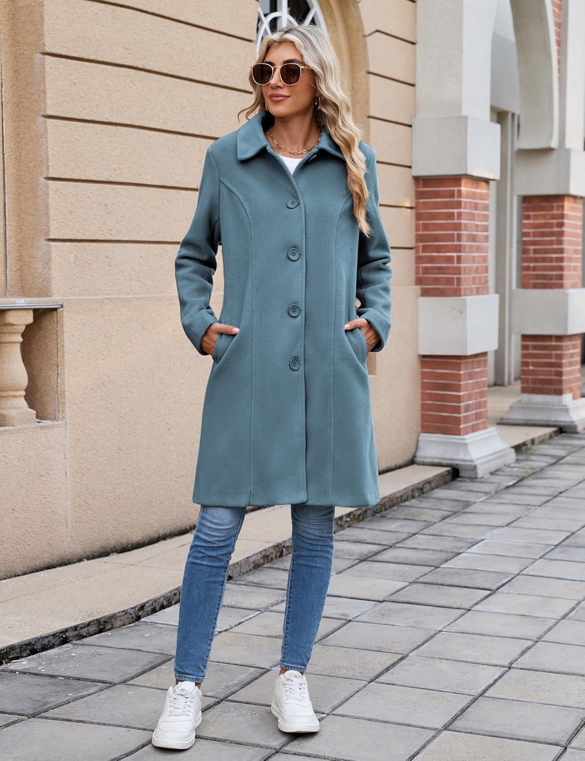 imageUANEO Womens Peacoat Faux Wool Blend Single Breasted Long Trench Coat Dress Overcoat Winter with PocketsDusty Blue