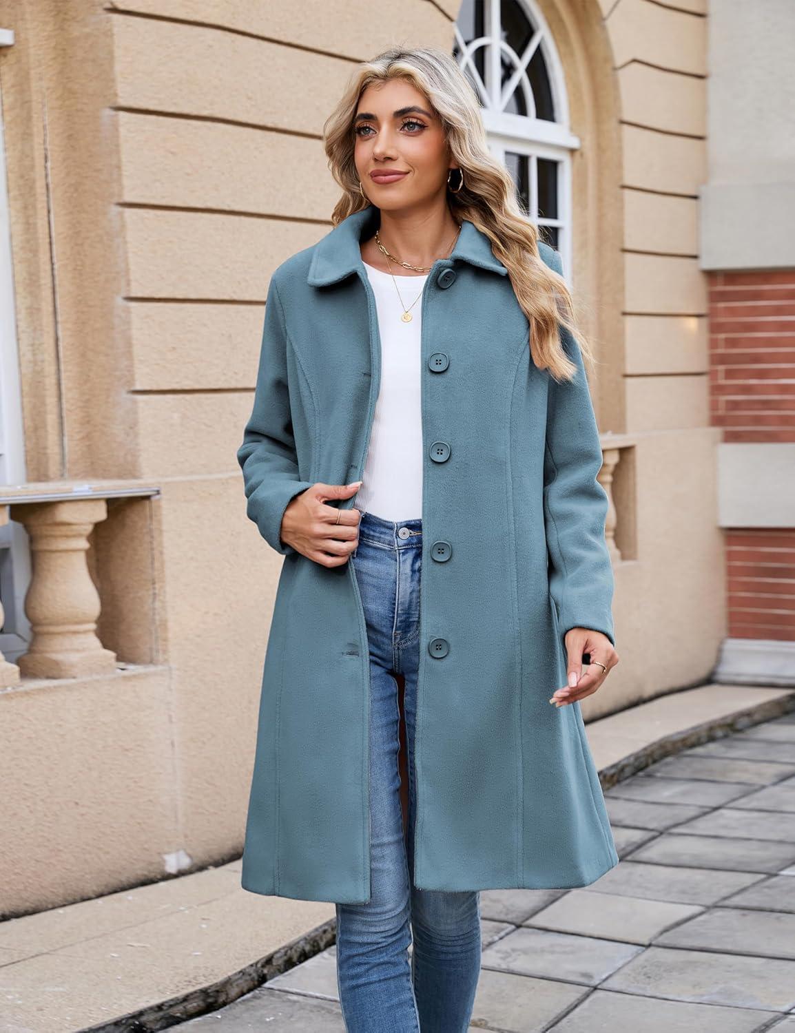 imageUANEO Womens Peacoat Faux Wool Blend Single Breasted Long Trench Coat Dress Overcoat Winter with PocketsDusty Blue
