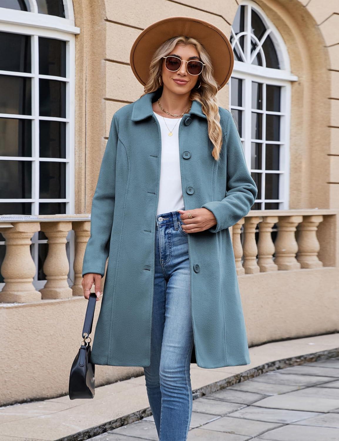 imageUANEO Womens Peacoat Faux Wool Blend Single Breasted Long Trench Coat Dress Overcoat Winter with PocketsDusty Blue