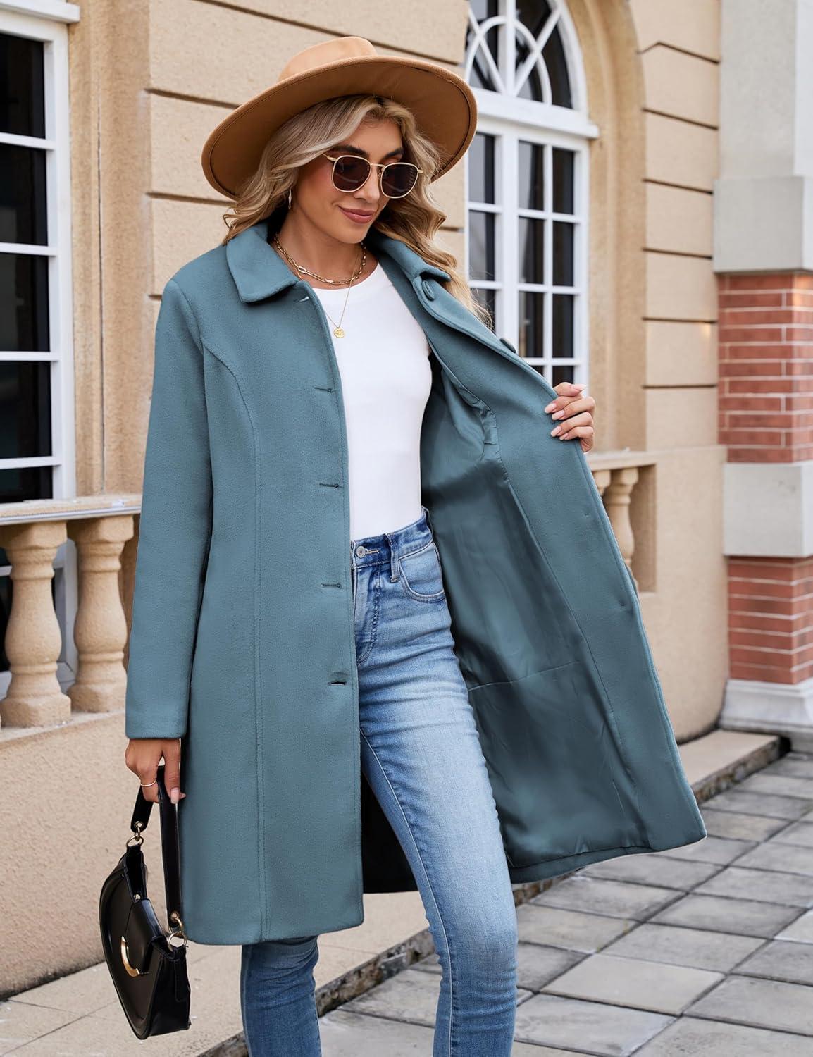 imageUANEO Womens Peacoat Faux Wool Blend Single Breasted Long Trench Coat Dress Overcoat Winter with PocketsDusty Blue