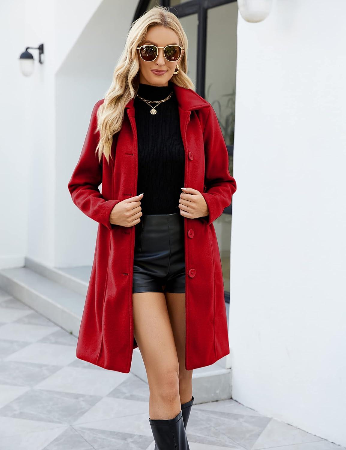 imageUANEO Womens Peacoat Faux Wool Blend Single Breasted Long Trench Coat Dress Overcoat Winter with PocketsRed