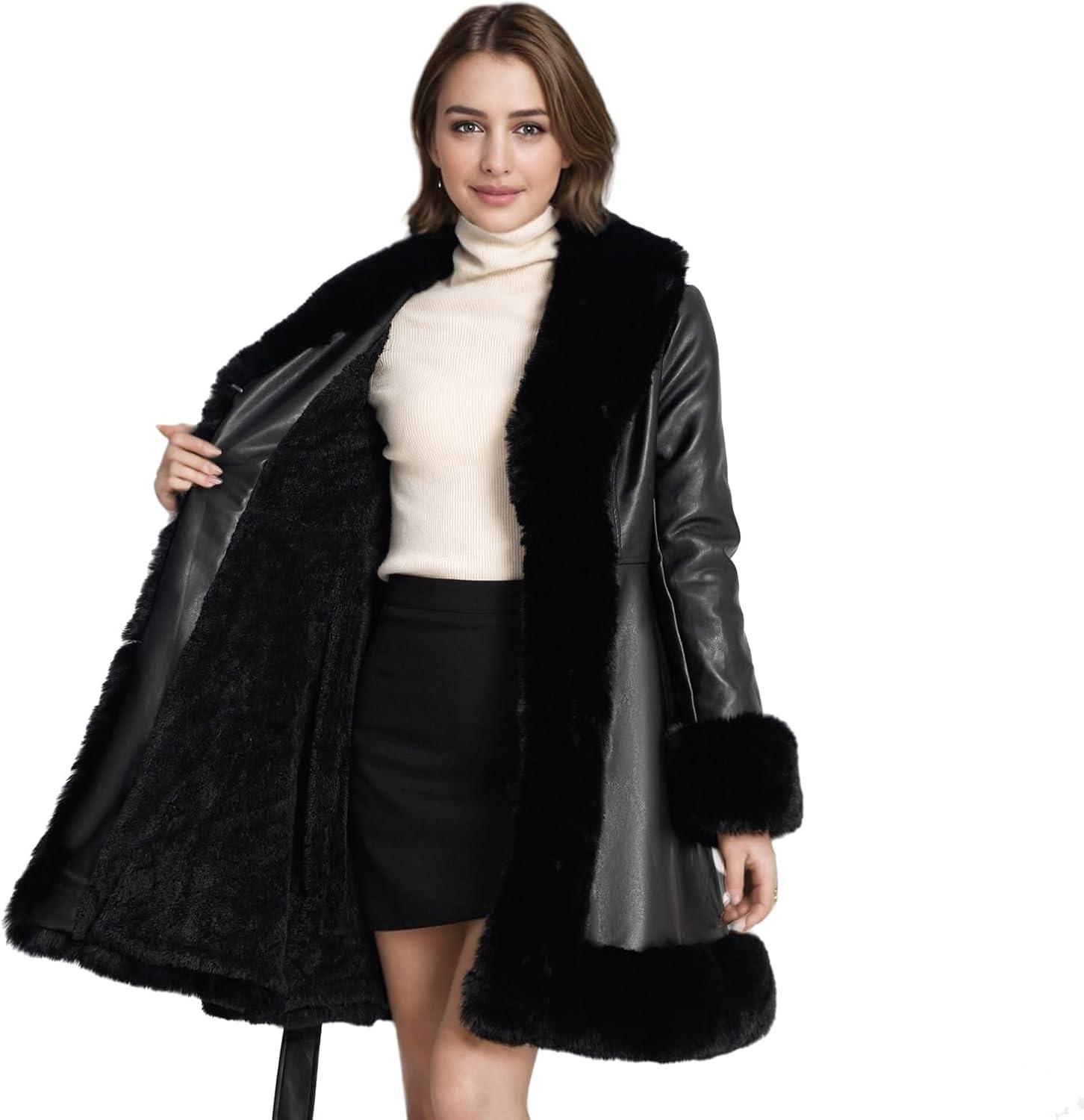 imageWinter Faux Fur Coats for WomenFaux Fur Leather Jacket WomenBlack