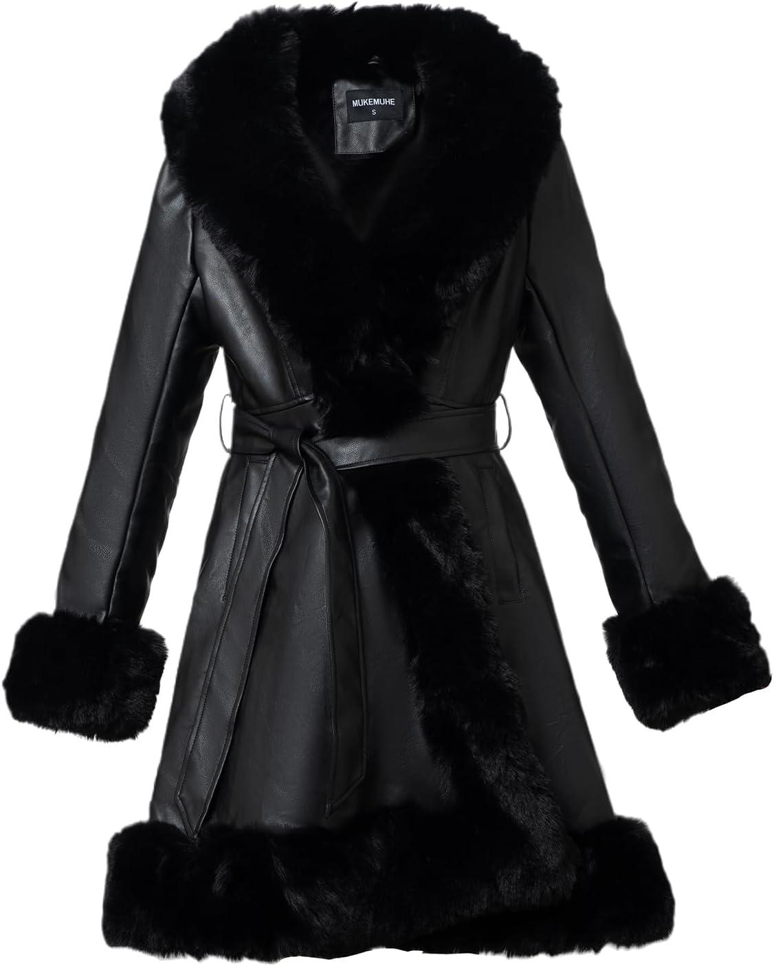 imageWinter Faux Fur Coats for WomenFaux Fur Leather Jacket WomenBlack