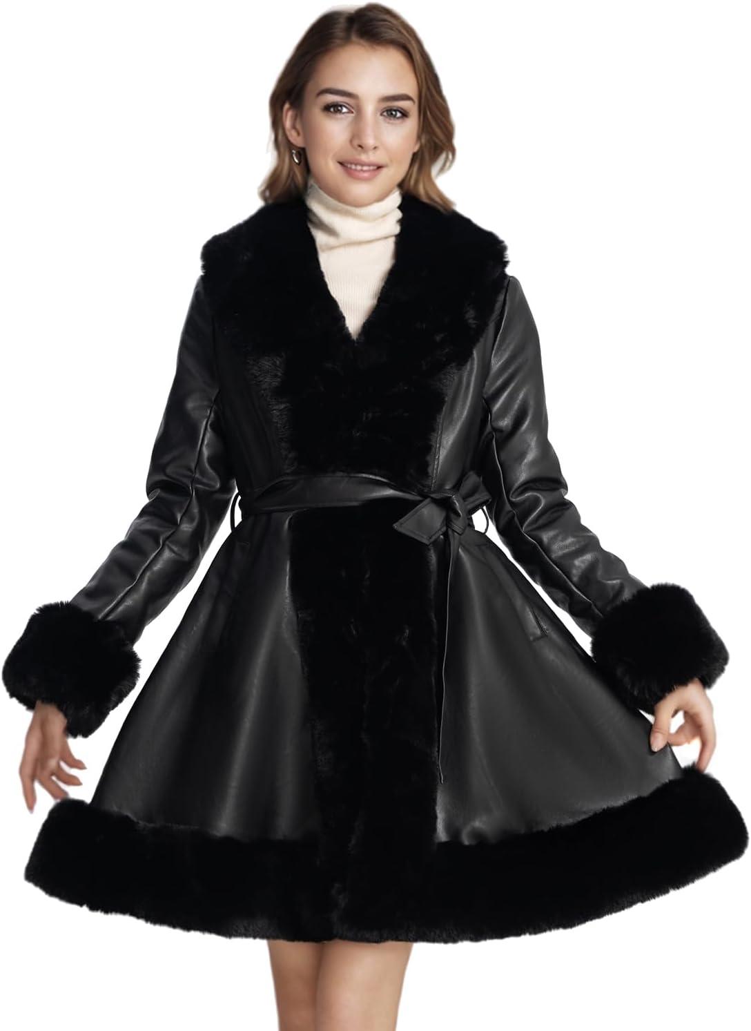 imageWinter Faux Fur Coats for WomenFaux Fur Leather Jacket WomenBlack