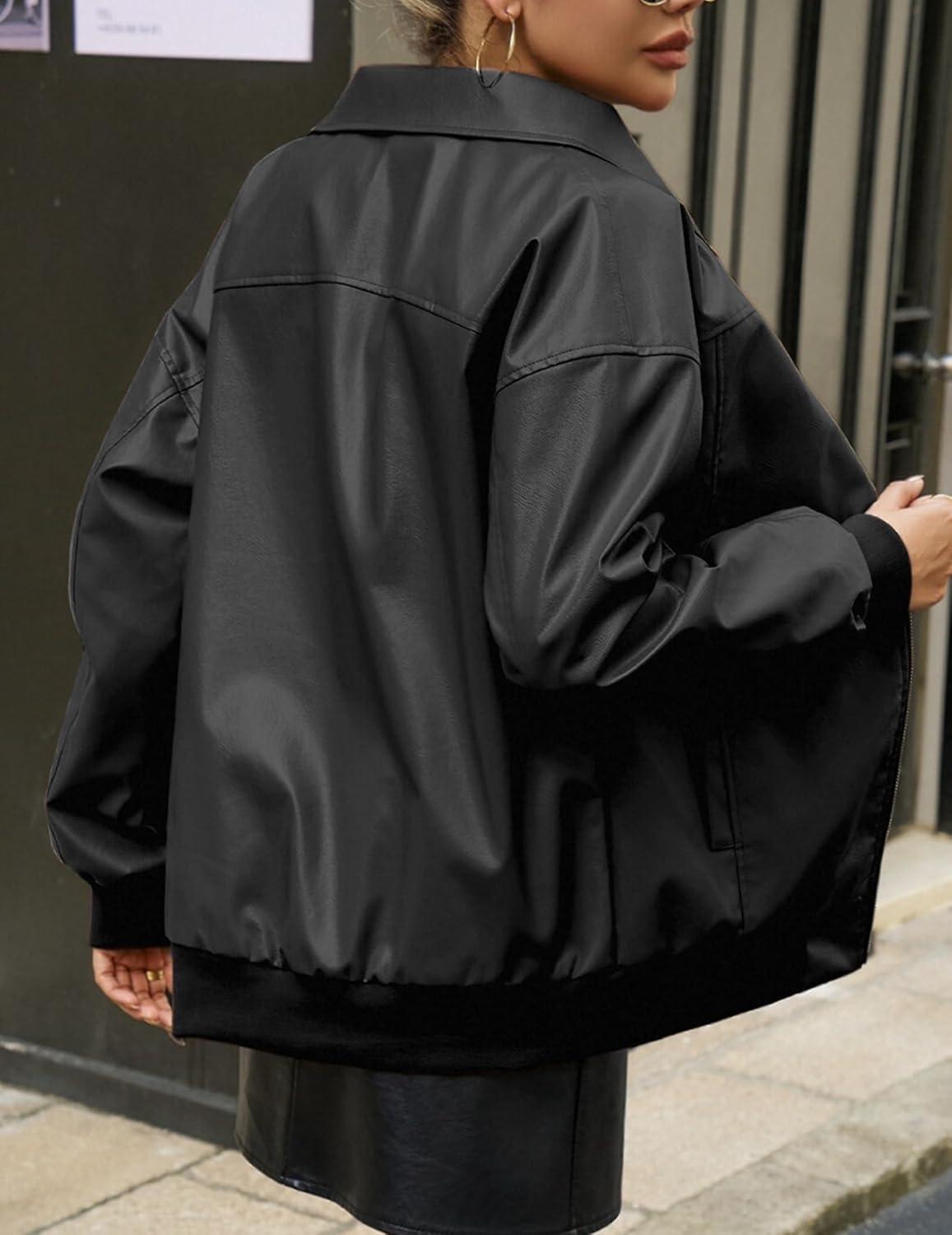 imageWomens Faux Oversized Leather Jacket Zip Up Motorcycle Bomber Spring Jackets 2026 Vintage Y2K Tops Winter CoatsBlack