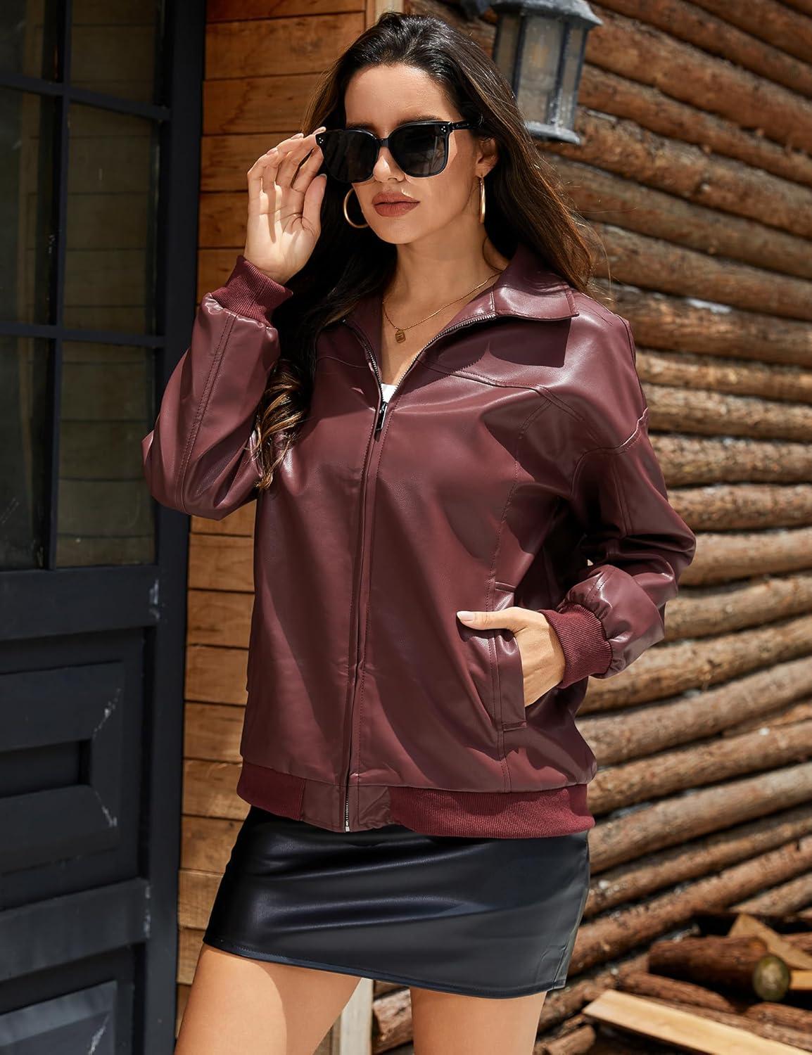 imageWomens Leather Jacket Oversized Faux Leather Bomber Jacket Fall Fashion 2025 Trendy Moto Winter Coat with PocketWine Red