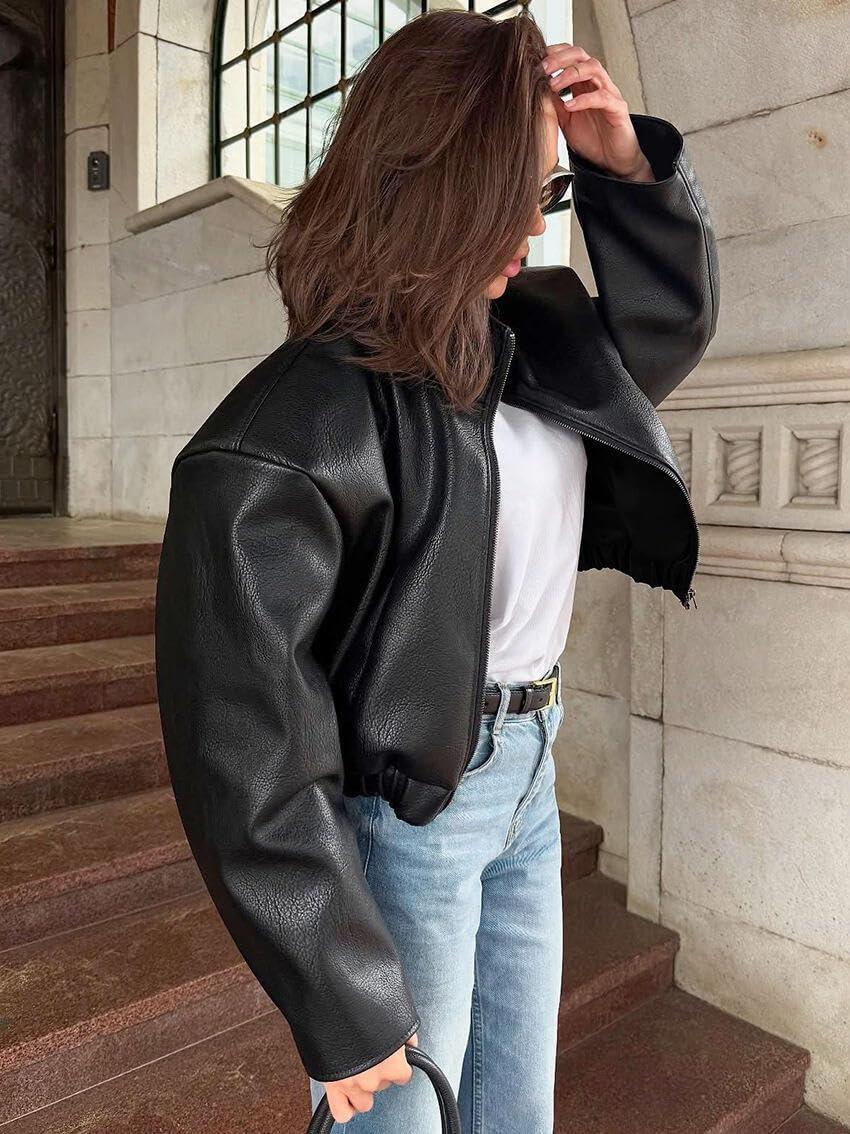 imageWomens Leather Jacket Zipper Stand Collar Motorcycle Jacket Bomber Jacket Fall Winter Faux CoatBlack
