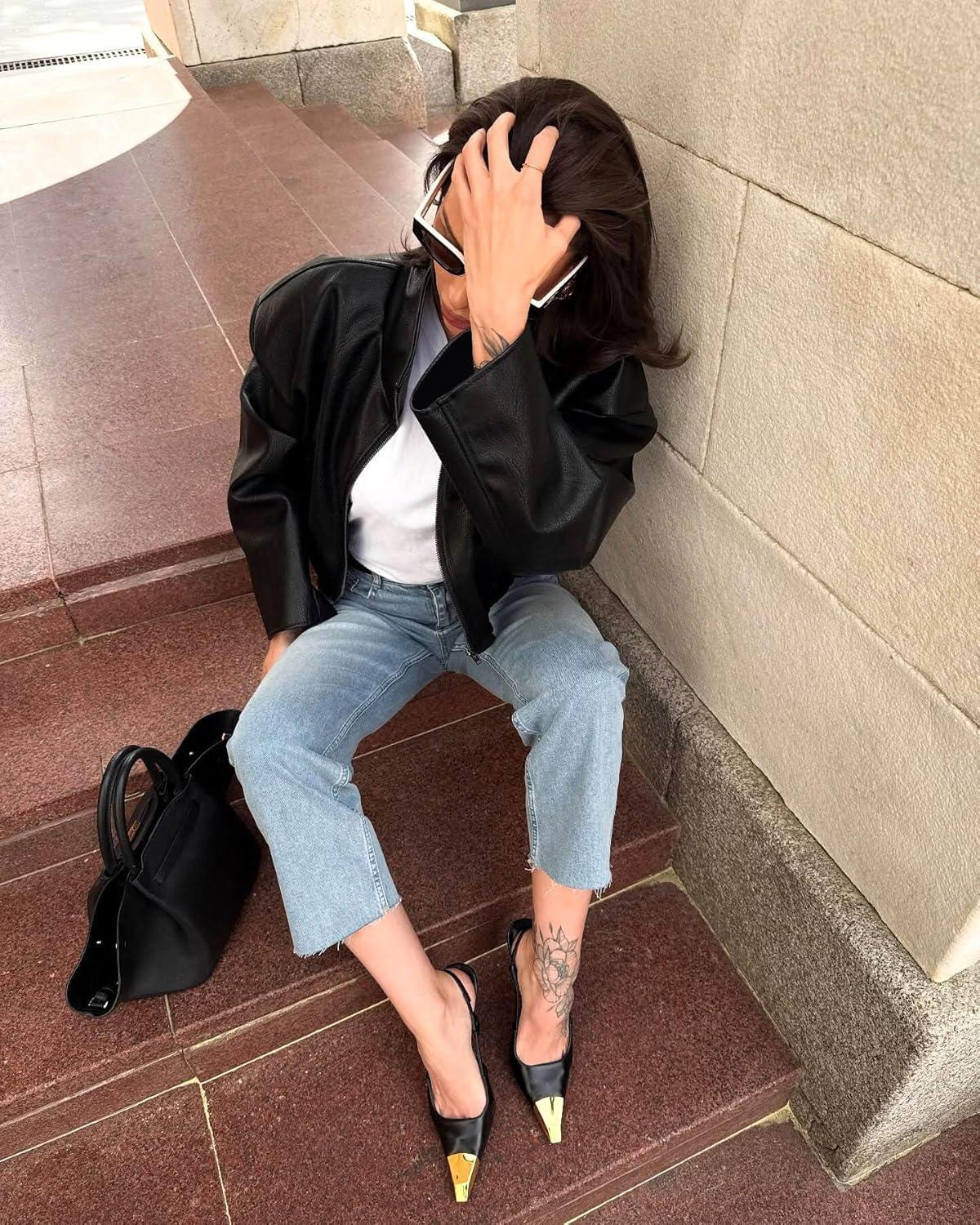 imageWomens Leather Jacket Zipper Stand Collar Motorcycle Jacket Bomber Jacket Fall Winter Faux CoatBlack