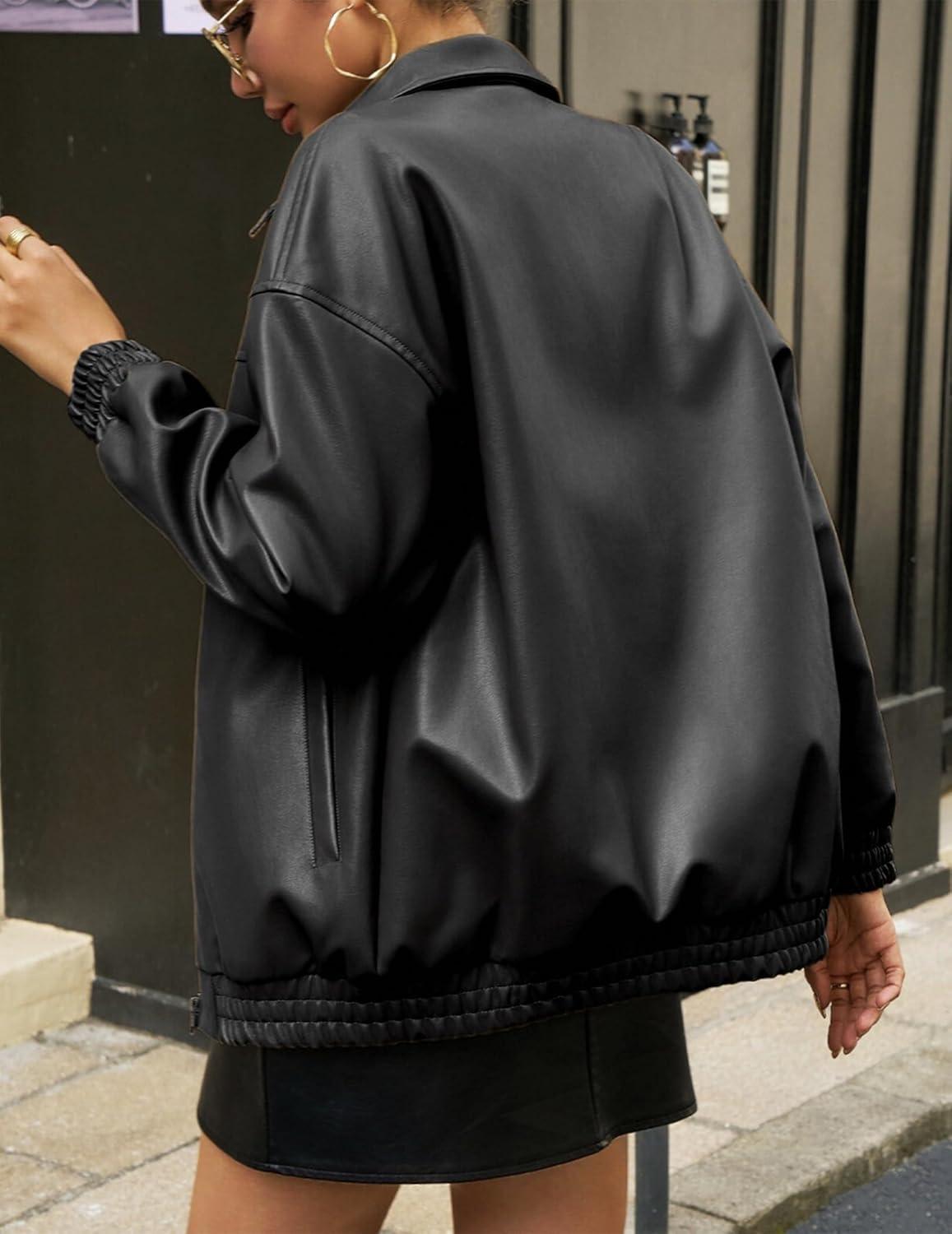imageWomens Oversized Leather Jacket Casual Soft Faux Leather Zip Motorcycle Coat With Pocket 2026 Spring TrendyBlack