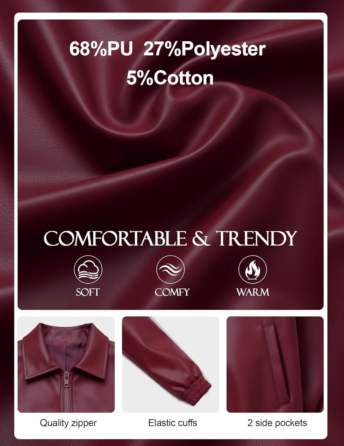 imageWomens Oversized Leather Jacket Casual Soft Faux Leather Zip Motorcycle Coat With Pocket 2026 Spring TrendyWine Red