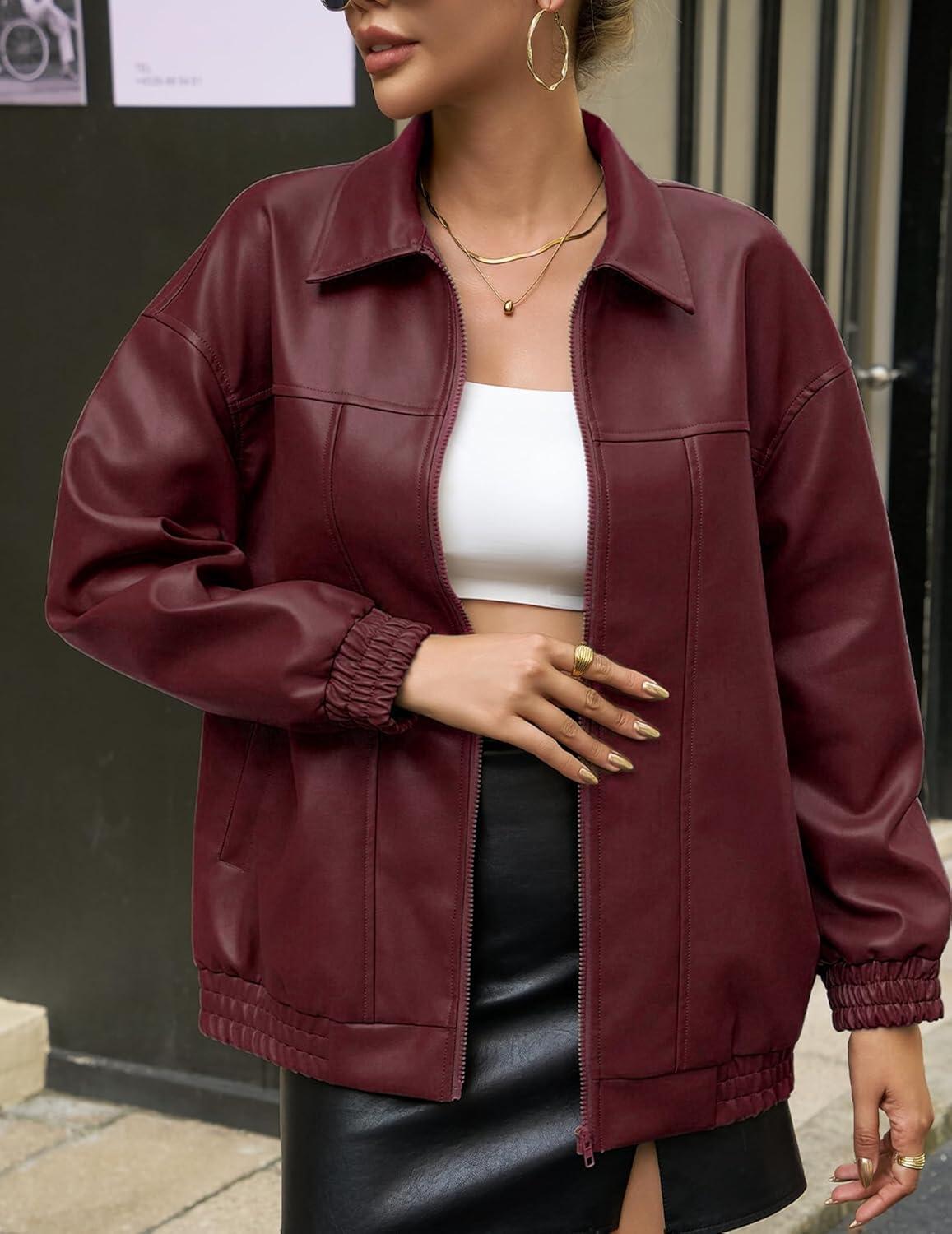 imageWomens Oversized Leather Jacket Casual Soft Faux Leather Zip Motorcycle Coat With Pocket 2026 Spring TrendyWine Red