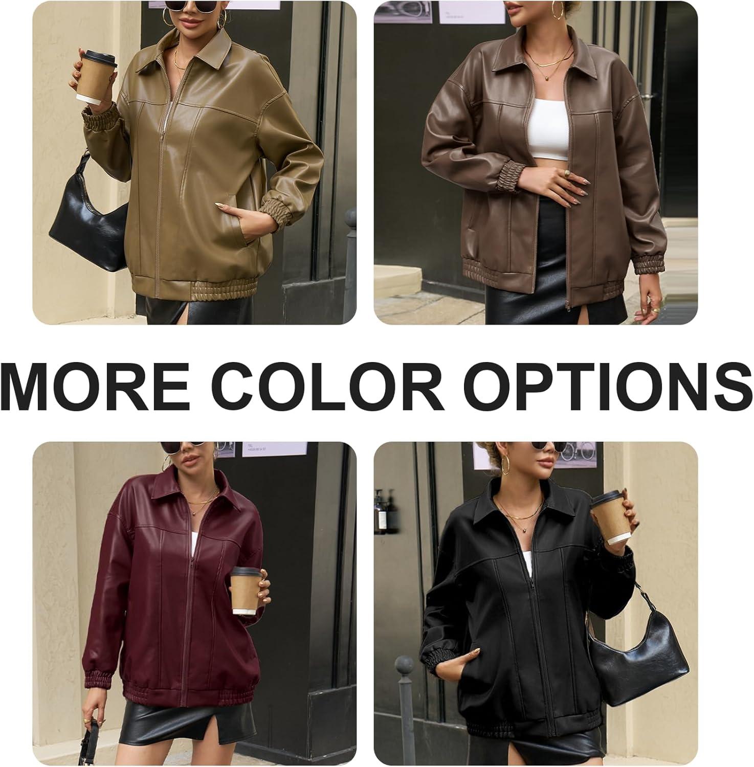 imageWomens Oversized Leather Jacket Casual Soft Faux Leather Zip Motorcycle Coat With Pocket 2026 Spring TrendyWine Red