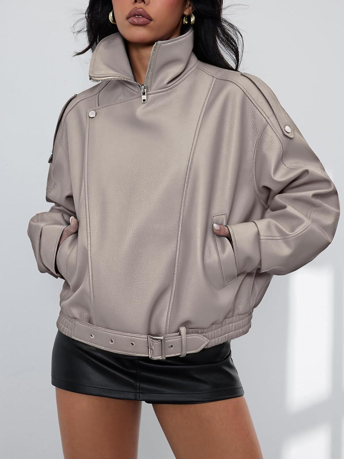 imageWomens Oversized Leather Jackets Faux Suede Fall Fashion Motorcycle Coats Winter Outfits Clothes Y2k TopsApricot