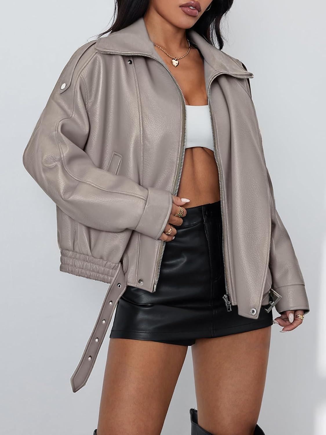 imageWomens Oversized Leather Jackets Faux Suede Fall Fashion Motorcycle Coats Winter Outfits Clothes Y2k TopsApricot
