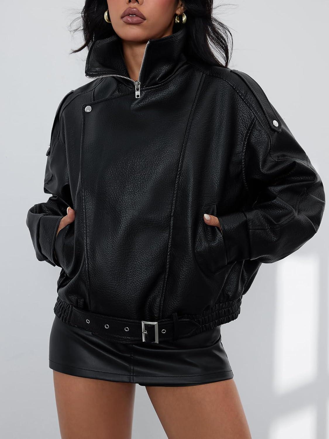 imageWomens Oversized Leather Jackets Faux Suede Fall Fashion Motorcycle Coats Winter Outfits Clothes Y2k TopsBlack