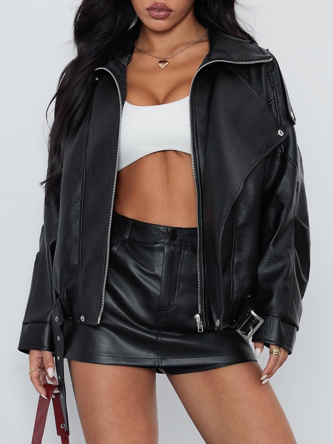 imageWomens Oversized Leather Jackets Faux Suede Fall Fashion Motorcycle Coats Winter Outfits Clothes Y2k TopsBlack