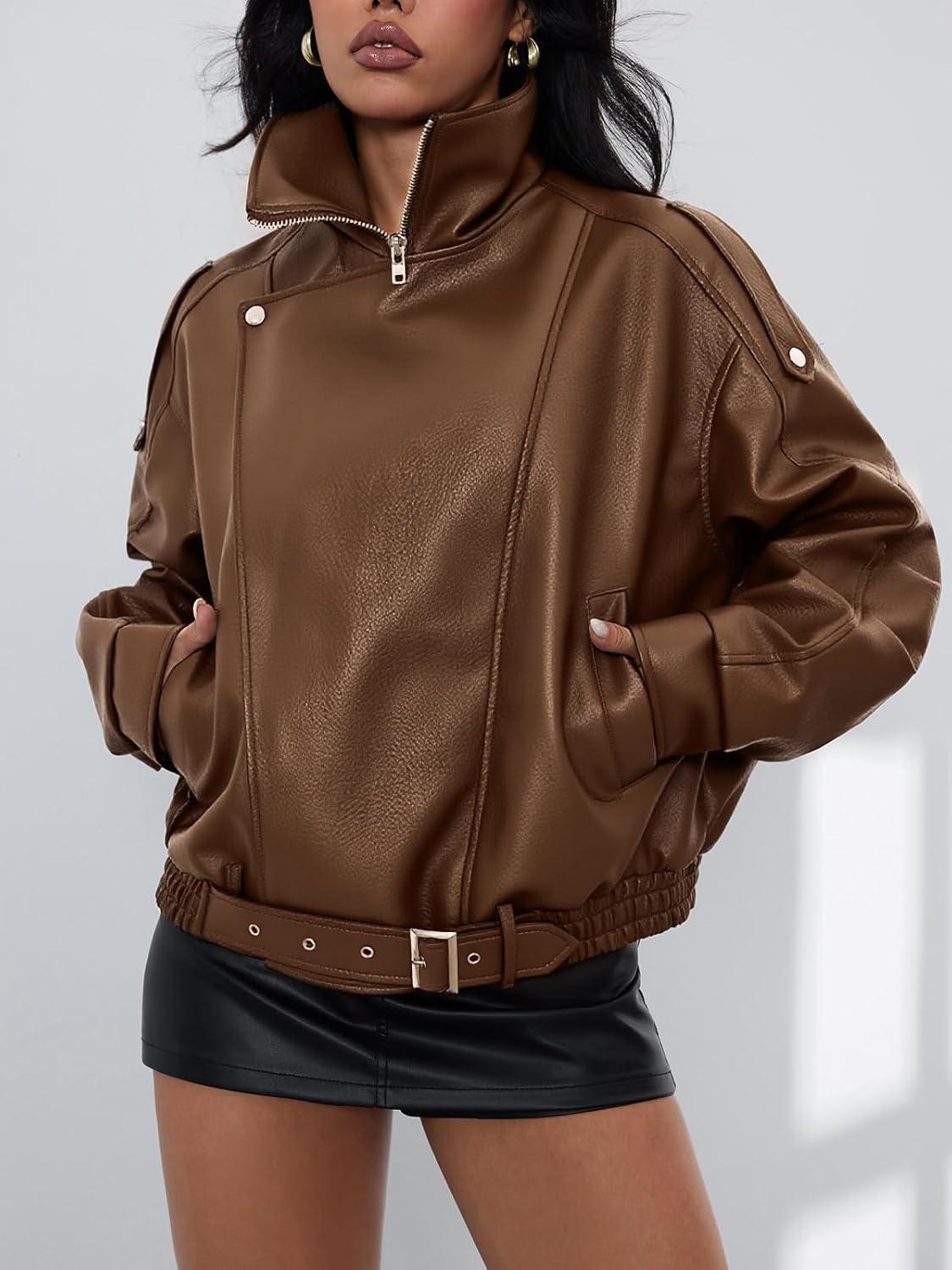 imageWomens Oversized Leather Jackets Faux Suede Fall Fashion Motorcycle Coats Winter Outfits Clothes Y2k TopsBrown