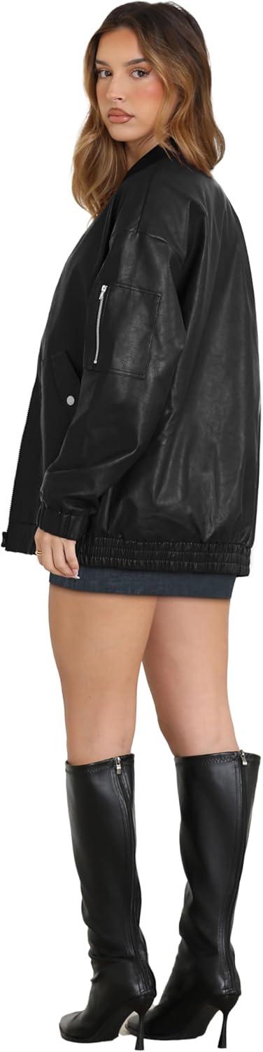 imageXIEERDUO Faux Leather Jacket Women Oversized Motorcycle Bomber Coats Zip Up Sleeve Pocket 2025 Fall Winter ClothesBlack